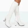 Gia Ecru Box PU Square Toe Block Heel Knee High Boots