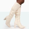 Mine Ecru Croc Pointed Toe Block Heeled Knee High Boots