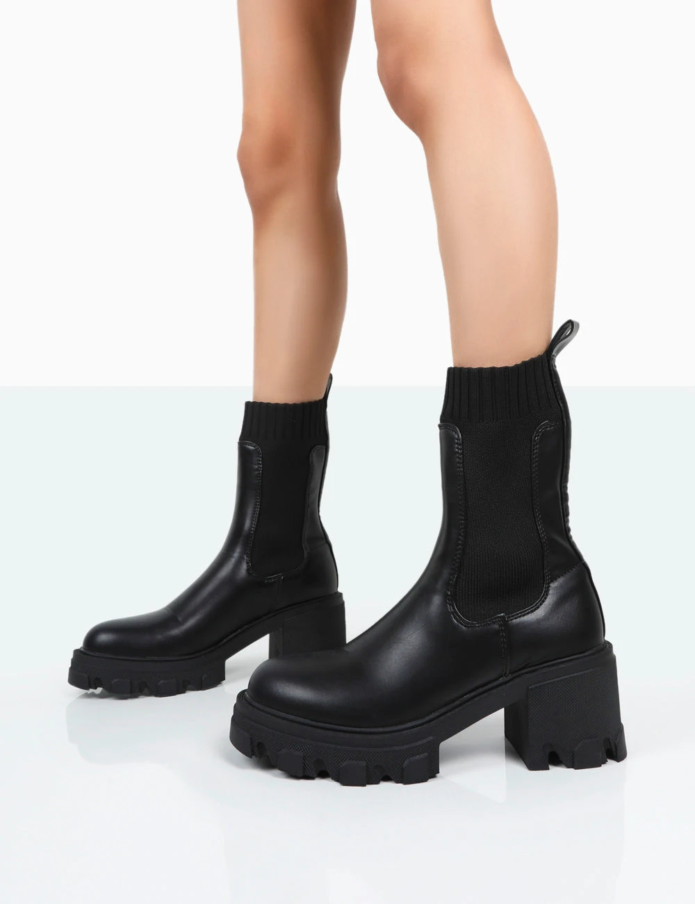 Everdeen Black PU And Knit Chunky Heeled Platform Sock Ankle Boots - Image 3