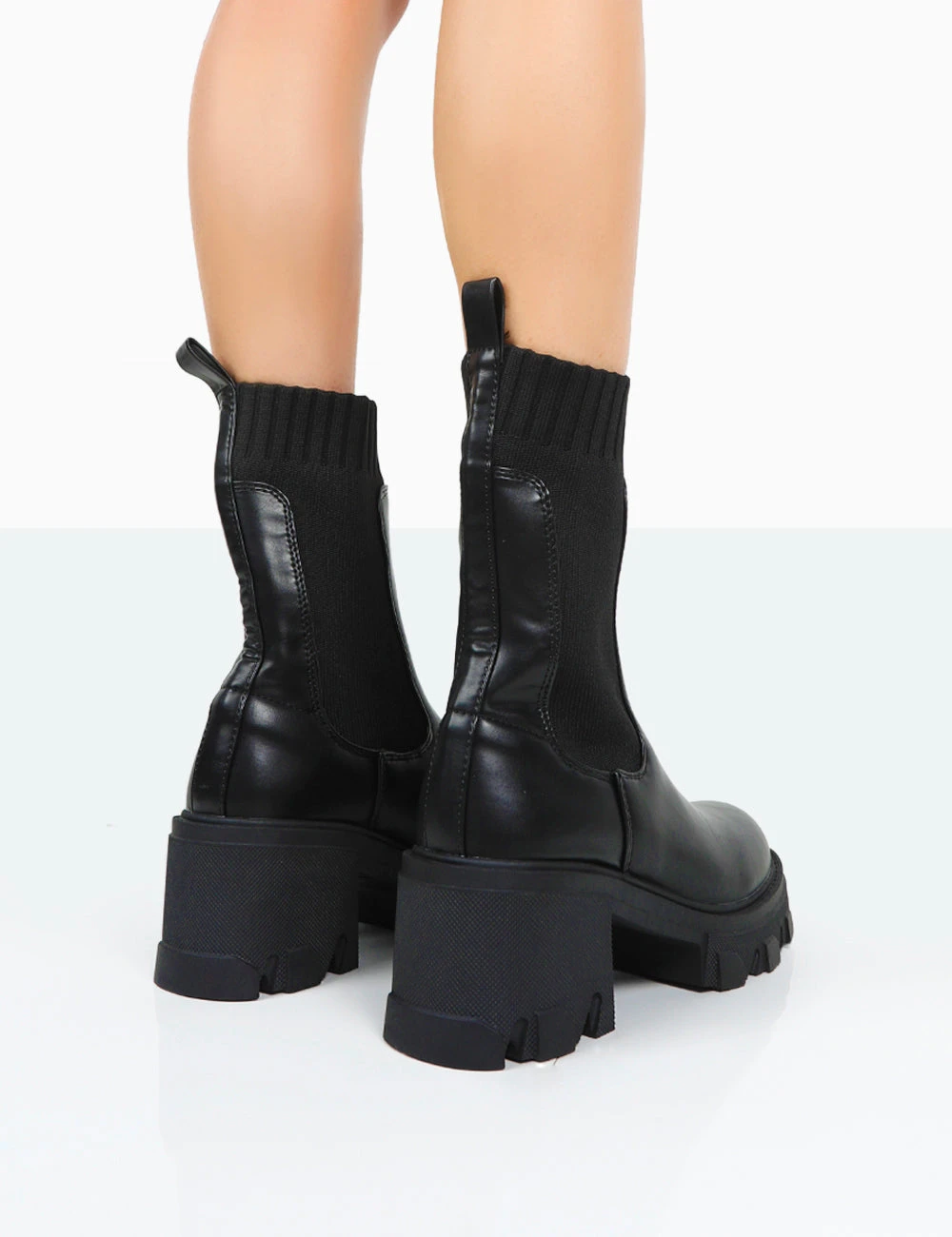 Everdeen Black PU And Knit Chunky Heeled Platform Sock Ankle Boots - Image 4