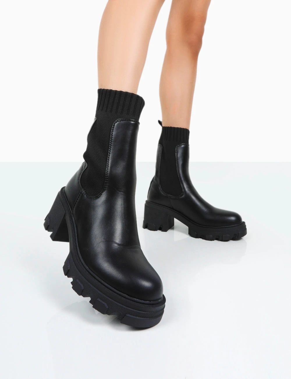 Everdeen Black PU And Knit Chunky Heeled Platform Sock Ankle Boots - Image 2