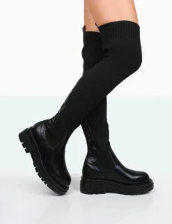 New-Me Black Pu And Knit Over The Knee Chunky Sole Sock Fit Boots