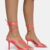 Esla Coral Satin Multi Strap Lace Up Square Toe Mid Stiletto Heels