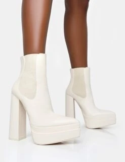 Cady Ecru Pu Platform Pointed Toe Block Heel Ankle Boots