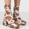 Imagine Wide Fit Brown Cow Print Chunky Heel Ankle Boots