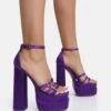 Enya Purple Satin Strappy Buckle Square Toe Platform Block Heels