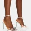 Asscher White Pearl Detail Diamante Broach Clear Perspex Wrap Around Pointed Court Stiletto Heels