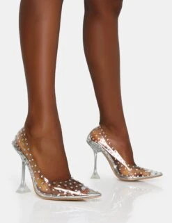 Fancy Silver Diamante Clear Perspex Pointed Toe Stiletto Heels