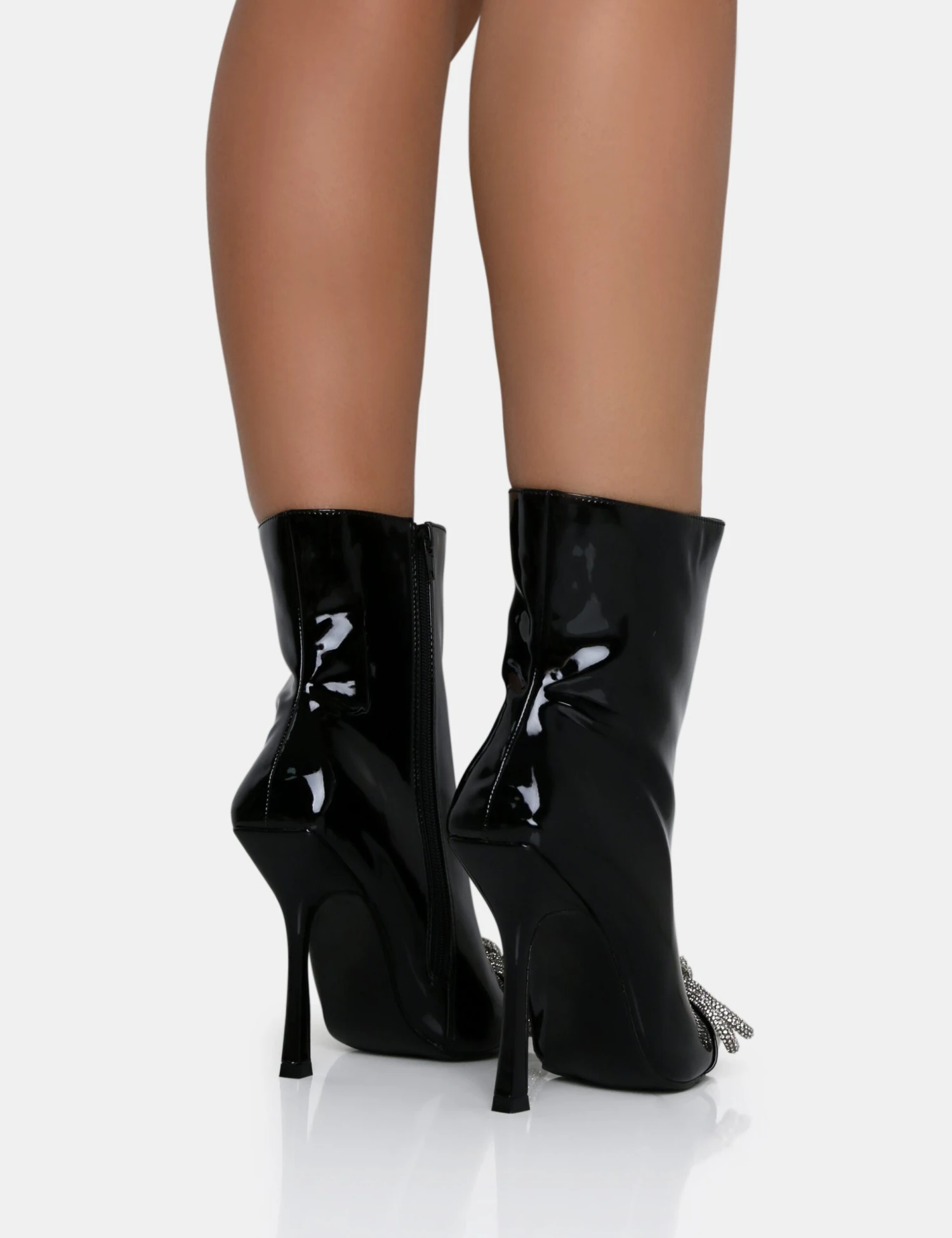 Orla Black Patent Diamante Bow Pointed Toe Stiletto Ankle Boots - Image 2
