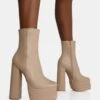 Supine Nude PU Chunky Heeled Platform Ankle Boots