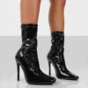 Lars Black Patent Wide Fit Sock High Heeled Stiletto Ankle Boots