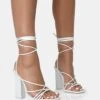 Nyla Wide Fit White Patent Strappy Lace Up Square Toe Block Heels