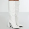 Posie Wide Fit White Pu Knee High Block Heel Boots