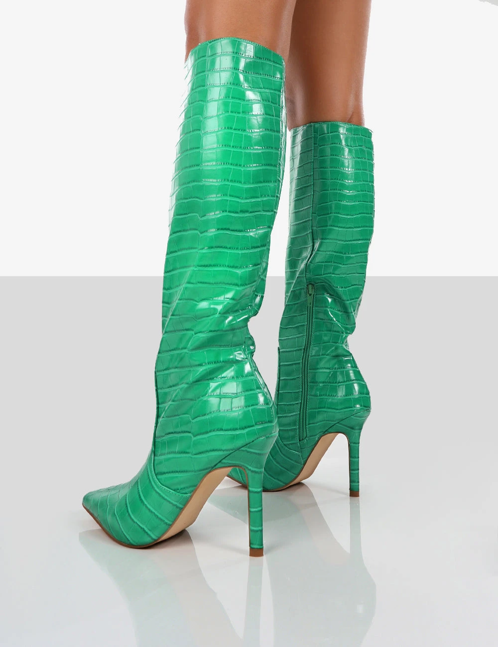 Rosalie Green Croc Heeled Pointed Toe Knee High Boots - Image 2