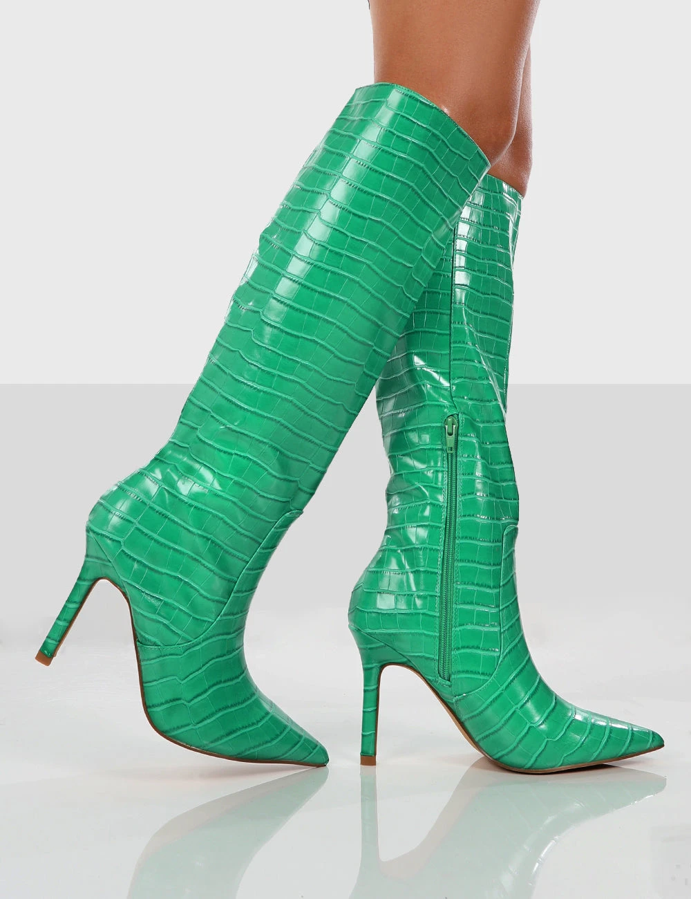 Rosalie Green Croc Heeled Pointed Toe Knee High Boots - Image 4