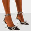 Midnight Black Wrap Around Diamante Bow Pointed Toe High Heel