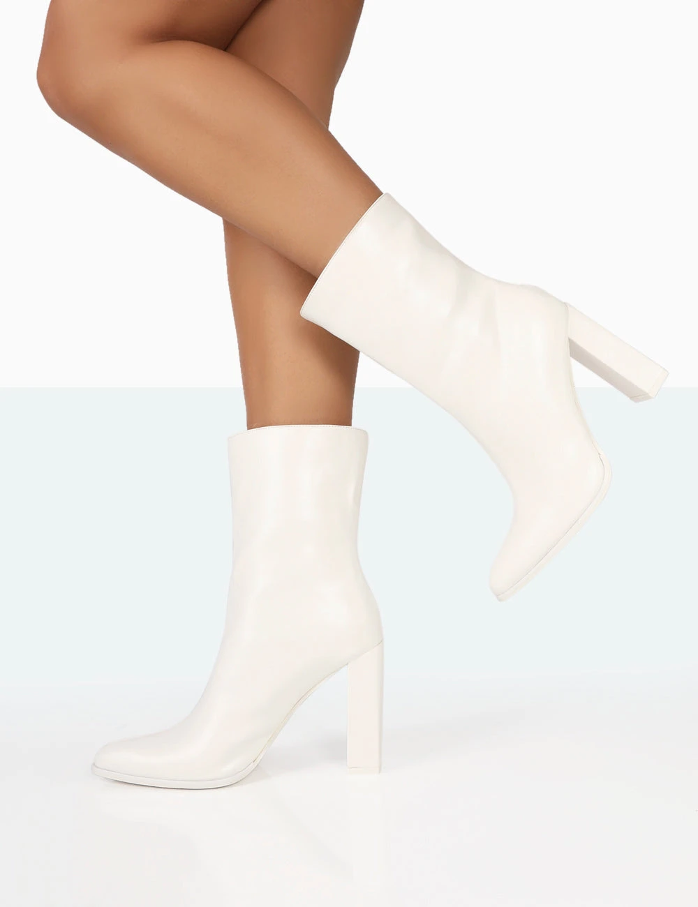 Bridget White PU Pointed Toe Block Heeled Ankle Boots - Image 2