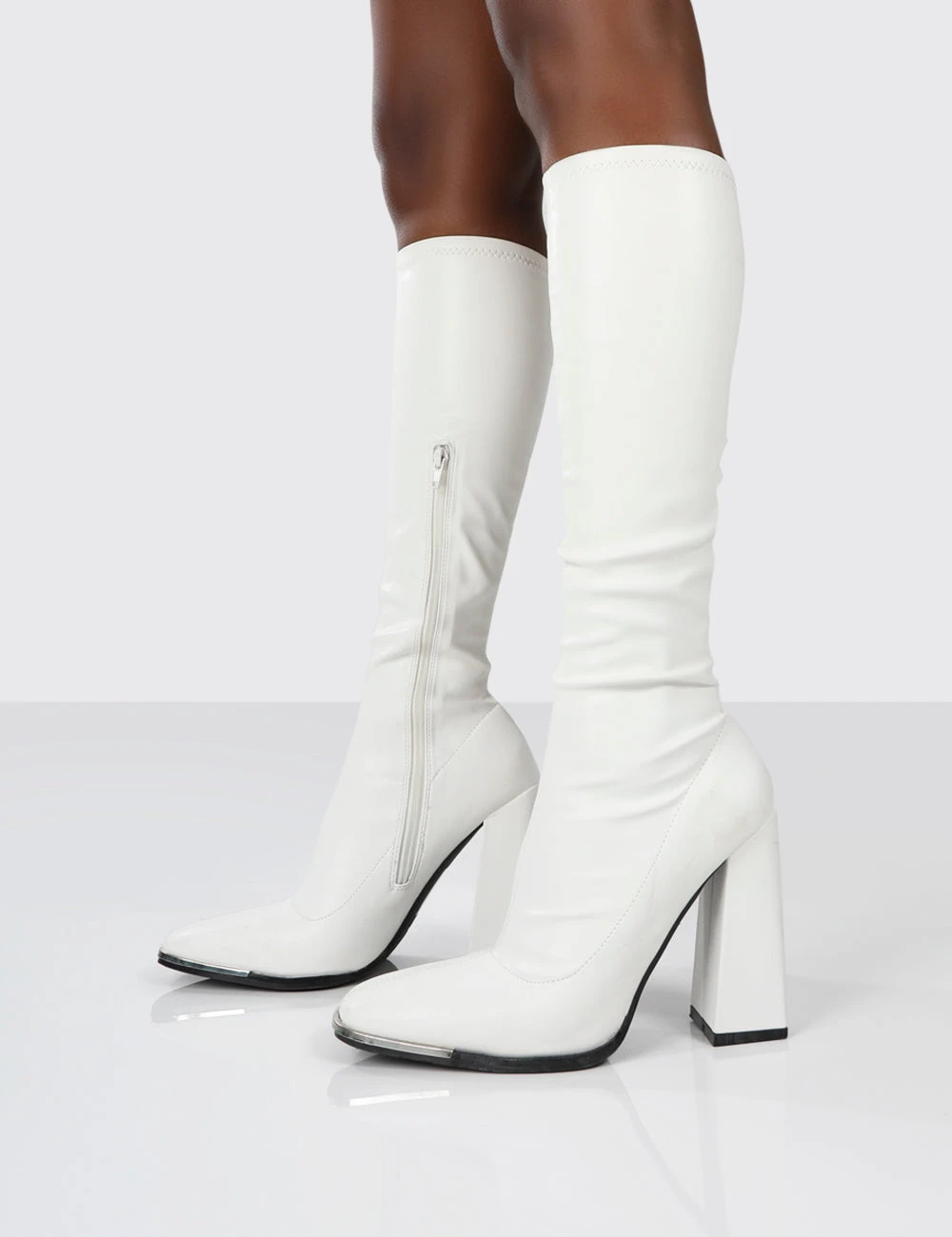 Caryn White PU Block Heeled Knee High Boots - Image 4
