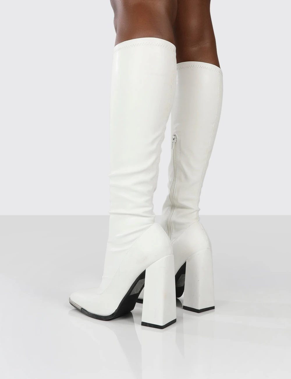 Caryn White PU Block Heeled Knee High Boots - Image 2