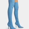 Jodie Blue Denim Seam Detail Pointed Toe Stiletto Thigh High Boots
