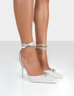 Glisten White Diamante Sparkly Wrap Around Pointed Toe Court Heels