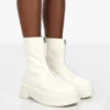 Indigo Ecru PU Platform Chunky Sole Zip Through Ankle Boot