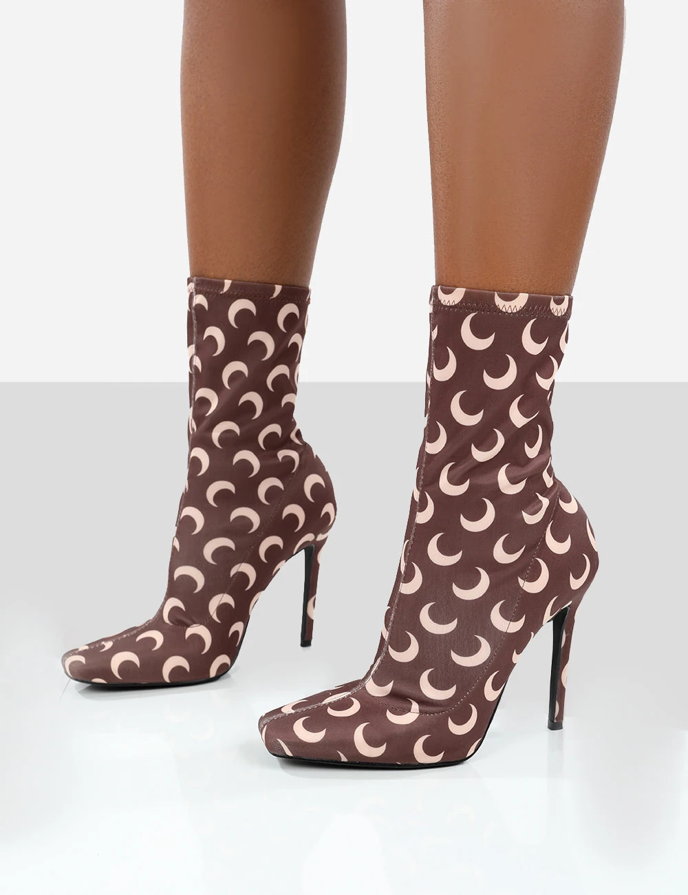 Saturn Return Brown Pointed Toe Stiletto Printed Sock Boots - Image 3
