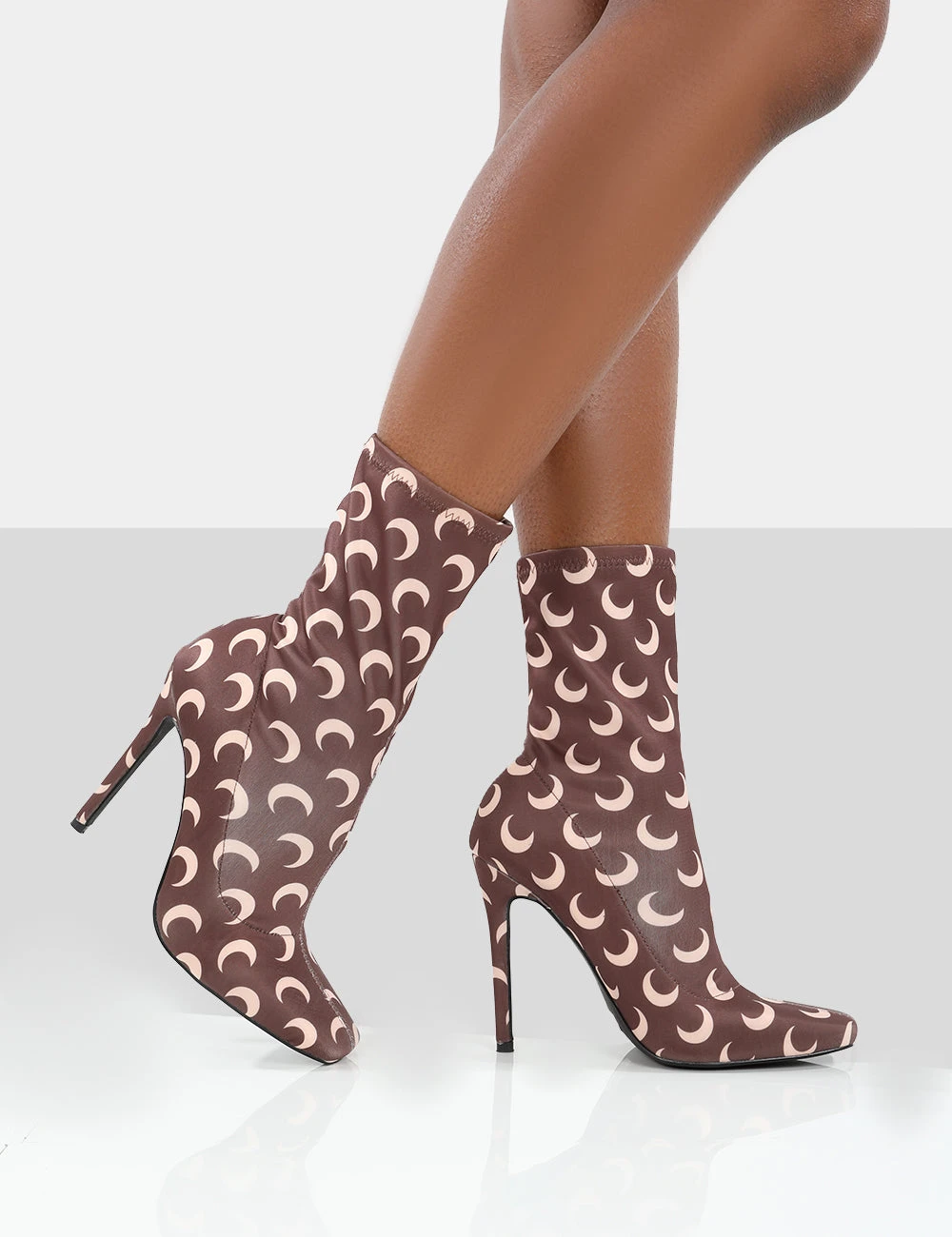 Saturn Return Brown Pointed Toe Stiletto Printed Sock Boots - Image 4